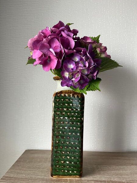 *メキシコ*トナラ焼き 民芸品 フラワーベース 花瓶 グリーン/スクエア 24㎝