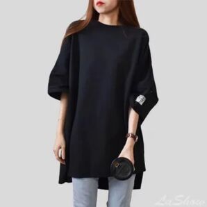 レディース ロング丈 Tシャツ トップス ゆったり シンプル 無地 ブラック