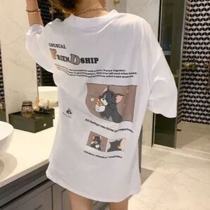 トムとジェリー バックプリント レディース 半袖 Tシャツ ホワイト 1200