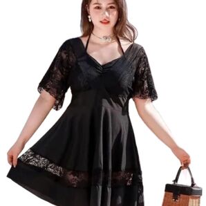 レディース 大きいサイズ 3XL 水着 半袖 ワンピース レース 黒 細見え ブラック
