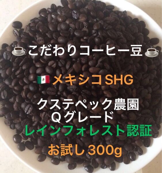 こだわりコーヒー豆 メキシコSHG クステペック農園 お試し300g 中深煎り 自家焙煎珈琲 Qグレード レインフォレスト認証