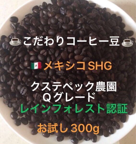 こだわりコーヒー豆 メキシコSHG クステペック農園 お試し300g 中深煎り 自家焙煎珈琲 Qグレード レインフォレスト認証