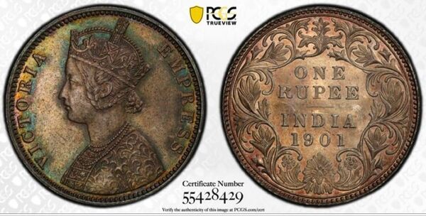 MS63 英領 インド ルピー 銀貨 1901B ヴィクトリア PCGS india rupee ビクトリア 貿易銀 トーン