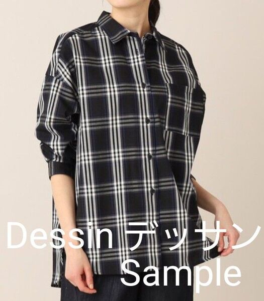 美品 Dessin デッサン 七分袖 長袖シャツ チェック 黒×白×グレー×青 ブラウス