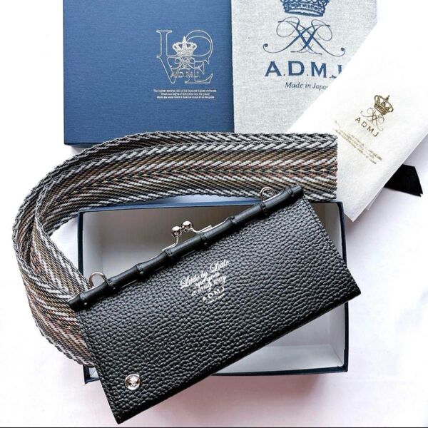 【新品】ADMJ 牛革 バンブー口金 がま口ショルダー ポーチ ブラック 黒