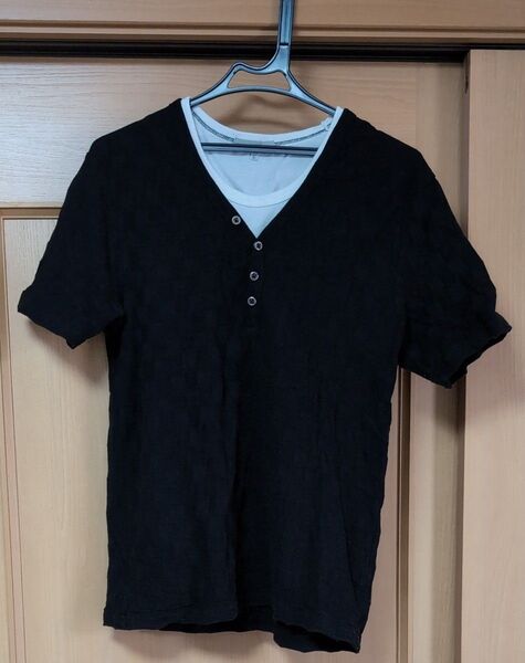 メンズ 半袖Tシャツ Vネック 黒 ブラック Lサイズ
