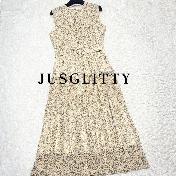 美品 JUSGLITTY 花柄ロングワンピース プリーツ 小花柄 フレア ノースリーブ クリーム イエロー 定価2.4