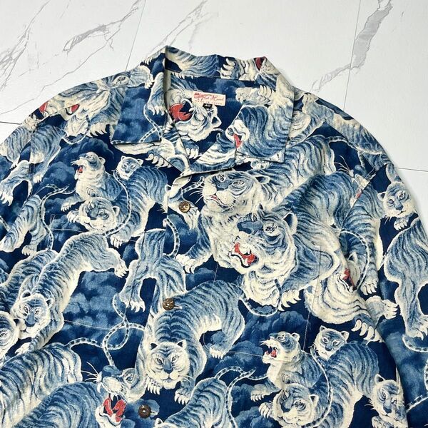 美品 フラットヘッド アロハシャツ Lサイズ 柄シャツ和柄 百虎 日本製 長袖 春夏 リネン 麻 希少入手困難 インディゴブルー