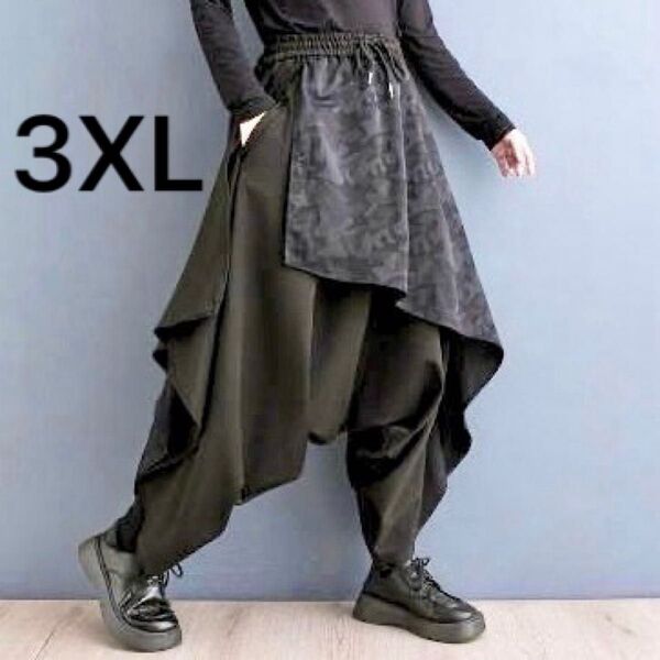 袴パンツ サルエル ワイド メンズ ズボン 迷彩 レイヤード 黒 アシンメトリー