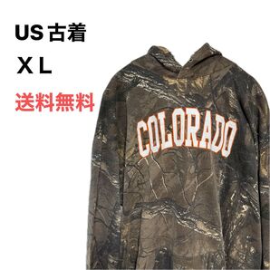 US古着 コロラド大学 カレッジロゴ パーカー XL 迷彩柄 ブラウン