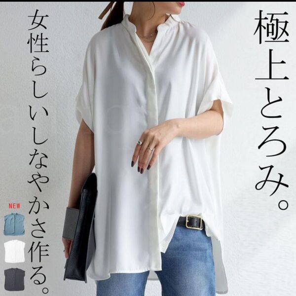 antiqua スキッパー シャツ シャツブラウス レディース トップス 半袖 とろみ ドルマン フリーサイズ