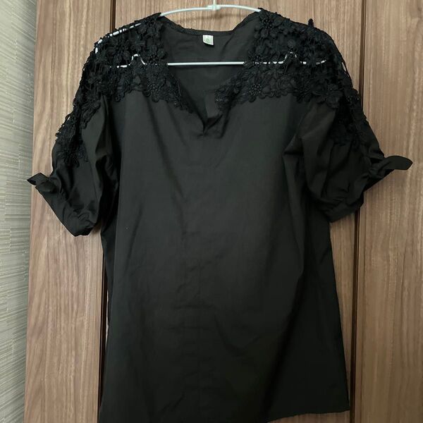 黒のレース トップス ブラウス 透かし編み お花モチーフ