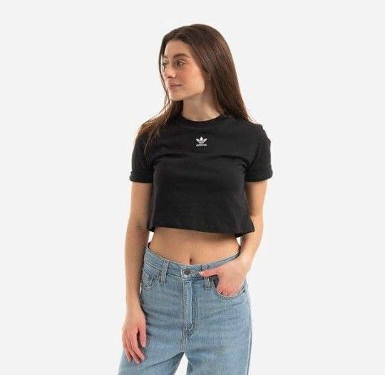 adidas アディダス ロールアップスリーブ ミニ丈 Tシャツ クロップド 半袖 トップス スポーツ アディダスオリジナルス 黒