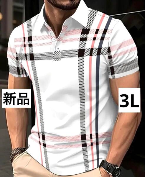 【新品/3Lサイズ】ゴルフウェア 半袖 ポロシャツ メンズ Vネック チェック柄