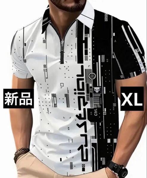 【新品/XLサイズ】ゴルフウェア 半袖ポロシャツ メンズ ホワイト ハーフジップ
