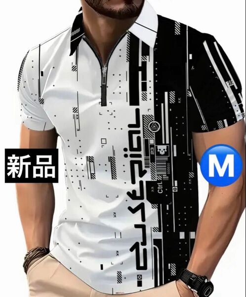 【新品/Mサイズ】ゴルフウェア 半袖 ポロシャツ メンズ ホワイト ハーフジップ
