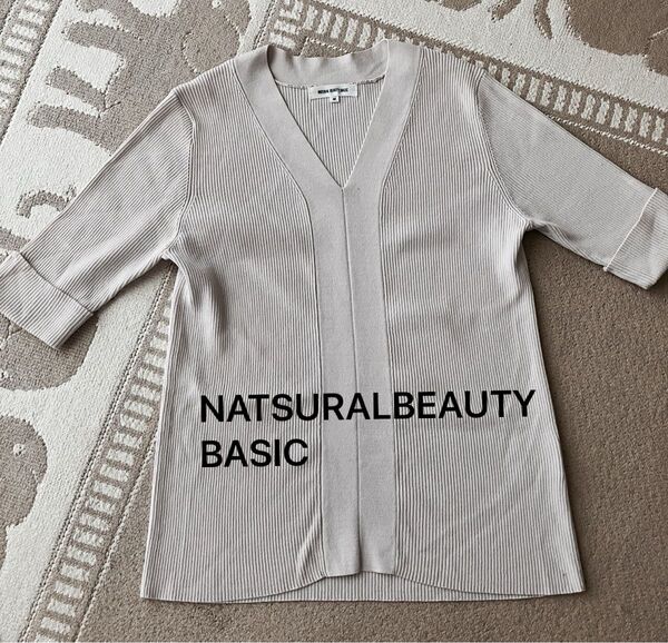 NATSURAL BEAUTY BASIC Vネックリブニット 半袖 ライトベージュ