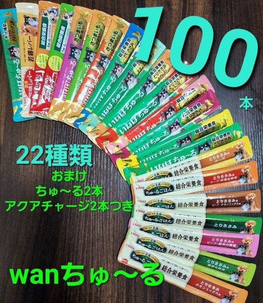いなば 犬用 総合栄養食ちゅ~るごはん & wanちゅ~る 22種 合計100本おまけちゅ~る2本とアクアチャージ2本 いぬ
