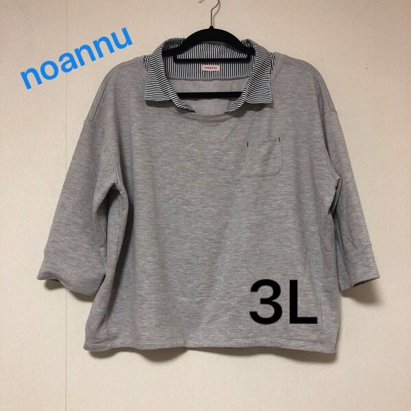 レイヤード風カットソー 3L noannu グレー系 ストライプ プルオーバー トップス 春夏 y148