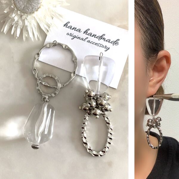 #812 再販 シルバー × クリア 大ぶり ハンドメイド ピアス イヤリング アシンメトリー 個性 シンプル じゃらじゃら