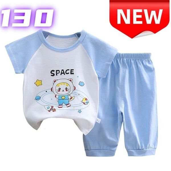 ★新品★子供服 パジャマ 130cm 宇宙猫 SPACE 上下セット 半袖Tシャツ ハーフパンツ 夏服 部屋着 ルームウェア