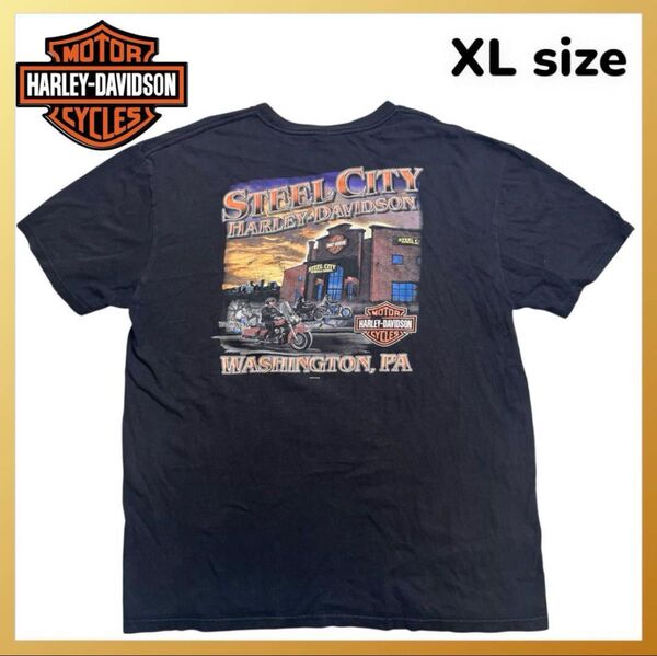 訳あり Harley-Davidson ハーレー ダビッドソン Tシャツ バイク 両面プリント STEEL CITY XL 黒