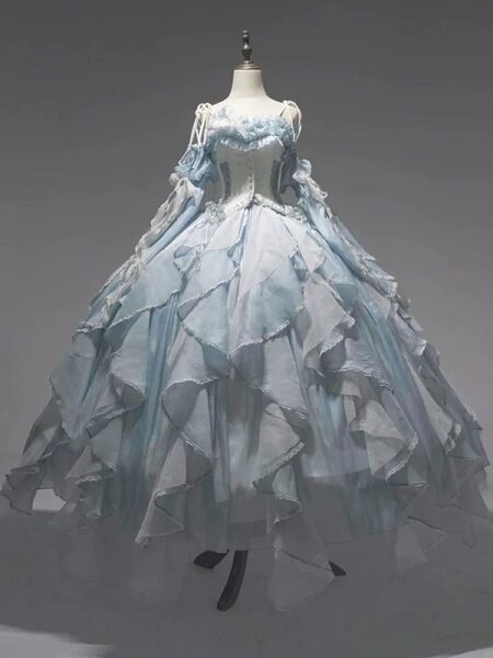 ロングドレス 水色 シフォン フリル エレガント