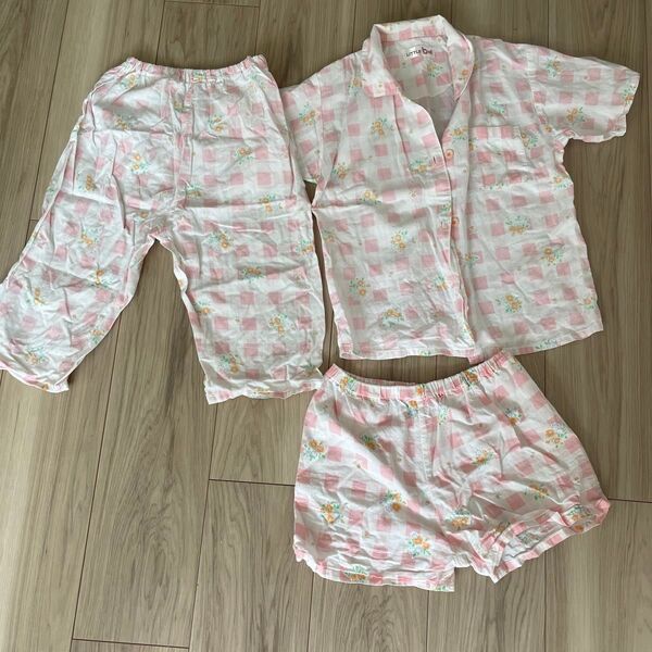 パジャマ コットン 半袖長パンツ 綿 綿100 春夏 チェック 花柄 女の子 120 三点セット