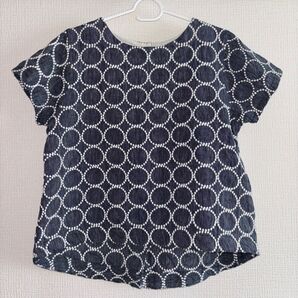 未使用 リネン ブラウス チュニック タンバリン柄刺繍 ネイビー×ホワイト