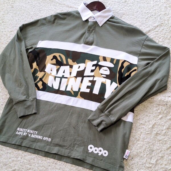 6-5【コラボ】ABathingApe 9090アベイシングエイプ 9090 長袖ポロシャツ カーキ サイズM
