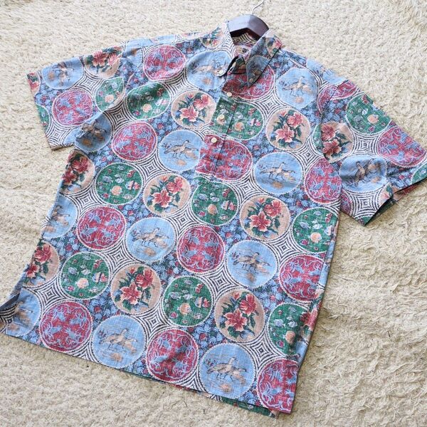6-19【美品】reyn spooner レインスプーナー総柄半袖シャツ プルオーバーシャツ 金タグ サイズL
