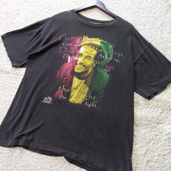 6-1390sヴィンテージ古着 USA製 ボブマーリーTシャツ 黒シングルステッチ コピーライト入りサイズXL