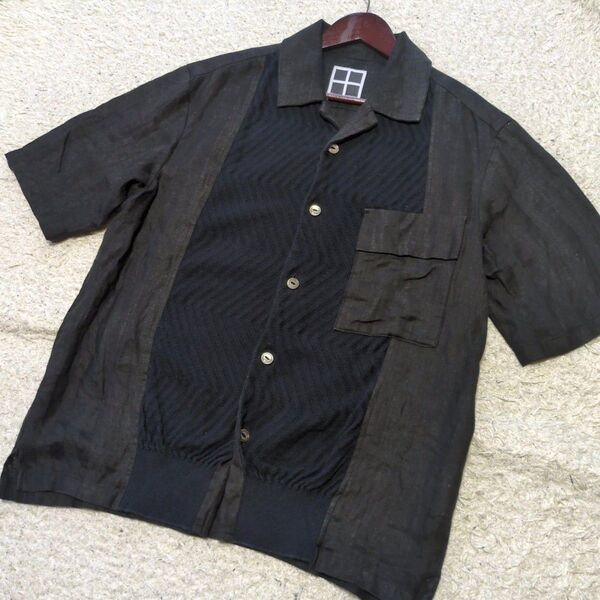 6-36【美品】tashiro タシロ オープンカラーシャツ半袖シャツ 黒ブラック ウール リネン サイズL