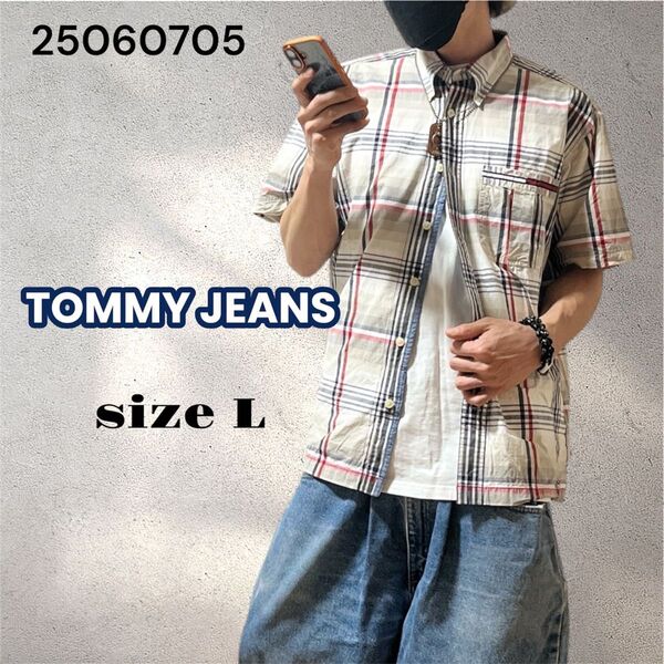TOMMY JEANS トミージーンズ 半袖 チェックシャツ グレー L ボタンダウン