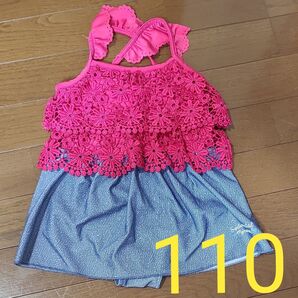 女の子 水着 110㎝ピンク デニム風 花柄レース