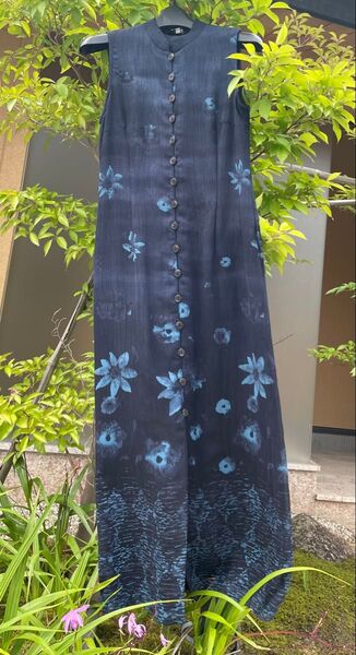 ロングワンピース 花柄 ネイビー×ブルー