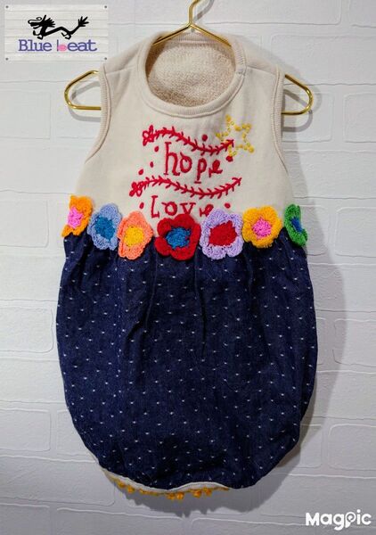 犬服Blue Beatかぎ針編みフラワー刺繍ワンピース Мサイズ【美品】コットン100%