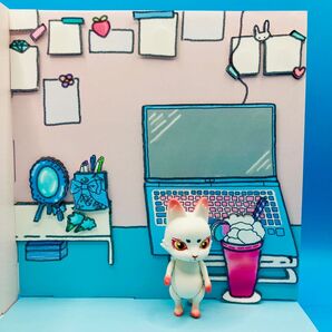 【ピンク×水色】 机の上 背景ボード 1/12 半立体 ペーパークラフト 3D バンドメイド 撮影背景 ドールハウス