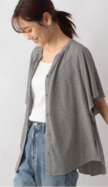 グローバルワーク さらさらリラックス ブラウス ギンガムチェック シャツ GLOBAL WORK 半袖 グレー 長袖ブラウス