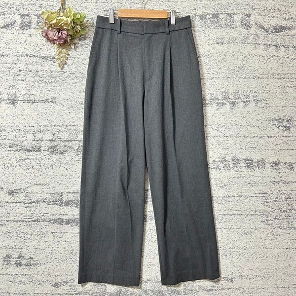 ユニクロ タックワイドパンツ グレー M レディース ストレッチ ハイウエスト