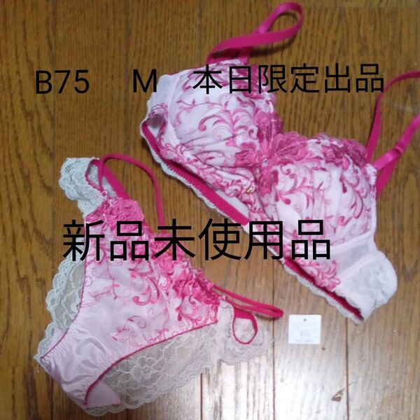 本日限定出品☆レディース ブラジャー&ショーツセット B75 M ピンク/白 刺繍 新品未使用品 タグ無し