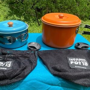 エバニュー EVERNEW CERAMIC COOKWARE POT 15&18 ECA184 ECA185 希少 純正収納袋付♪