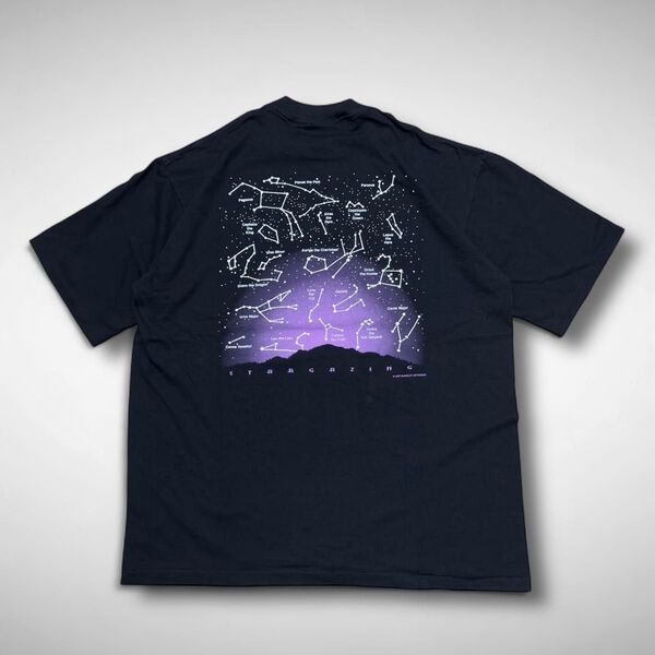 90sアメリカ製ビンテージ星座アートTシャツ XLシングルステッチ黒ブラック半袖Tシャツ