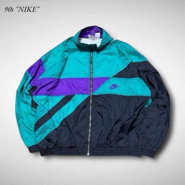 90s OLD NIKEナイロントラックジャケット 短丈 ジャージ L ナイキビンテージボックスシルエット 切替配色