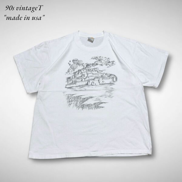 90sアメリカ製ヴィンテージグラフィックTシャツXXLシングルステッチUS古着白ホワイト