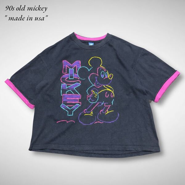 90sUSA製オールドディズニーネオンミッキーTシャツ短丈ビッグシルエット古着ディズニー公式
