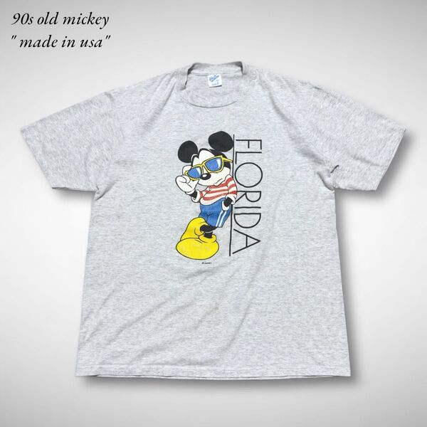 90sUSA製ミッキーマウスTシャツFLORIDAディズニーVelvaSheen 半袖Tシャツ オールドミッキーアメリカ古着