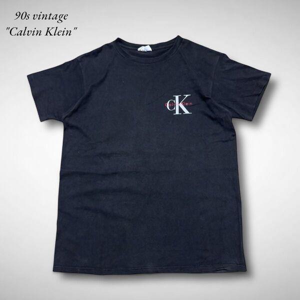 90s Calvin Klein USA製ロゴTシャツ 黒フェード シングルステッチ カルバンクラインビンテージTシャツ 古着