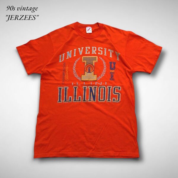 90s USA製 JERZEES Illinois大学 カレッジTシャツ オレンジ XL相当 アメリカ製 シングルステッチ