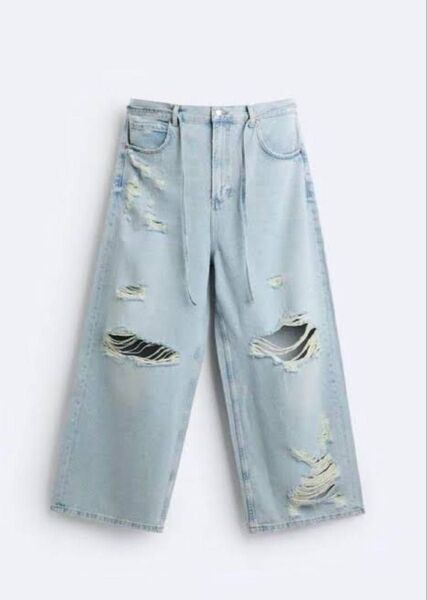 ZARA デニム ワイドパンツ ダメージ加工 ライトブルー